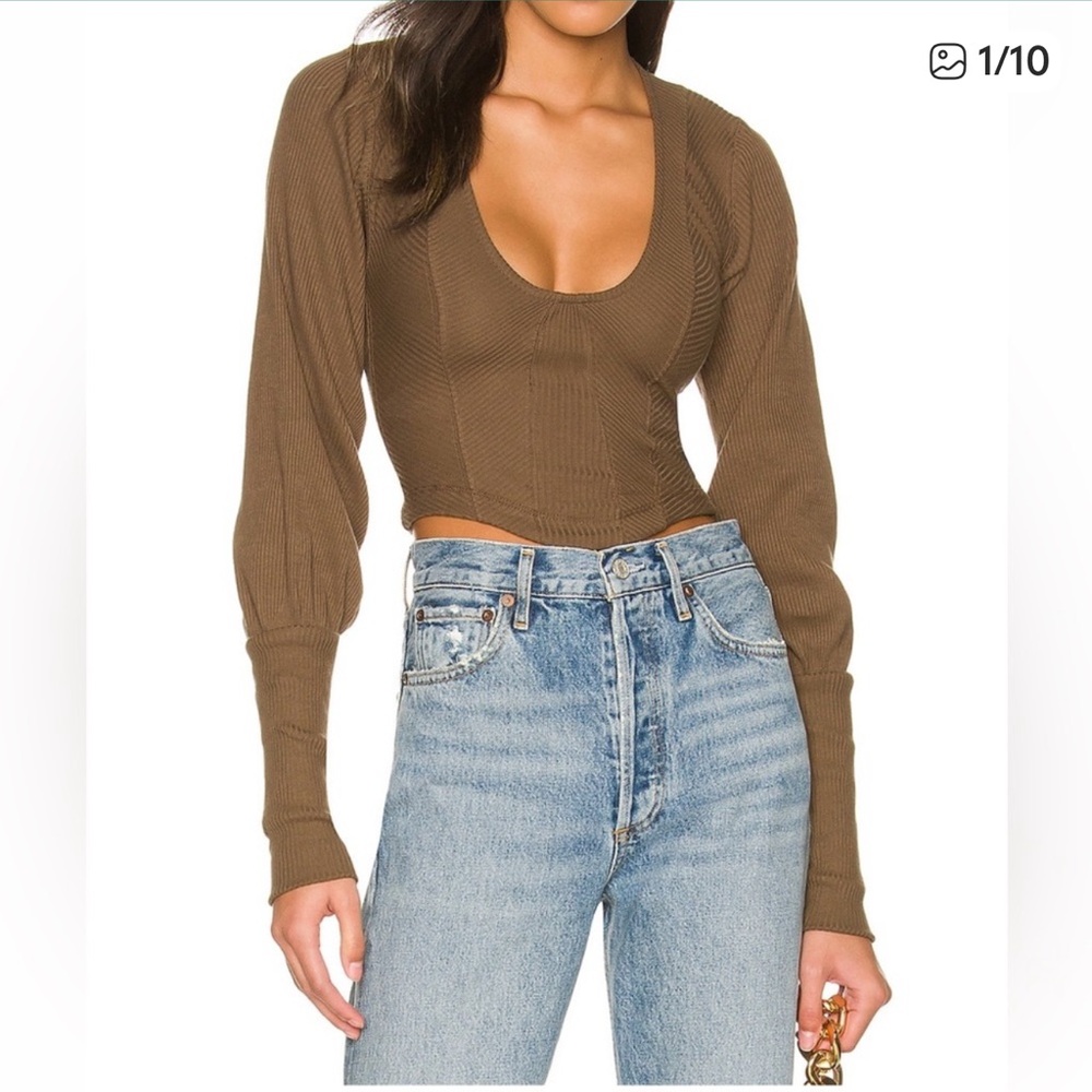 Free People Petra Top Tortoise Shell Size Large Long Sleeve Slight Puff Sleeve